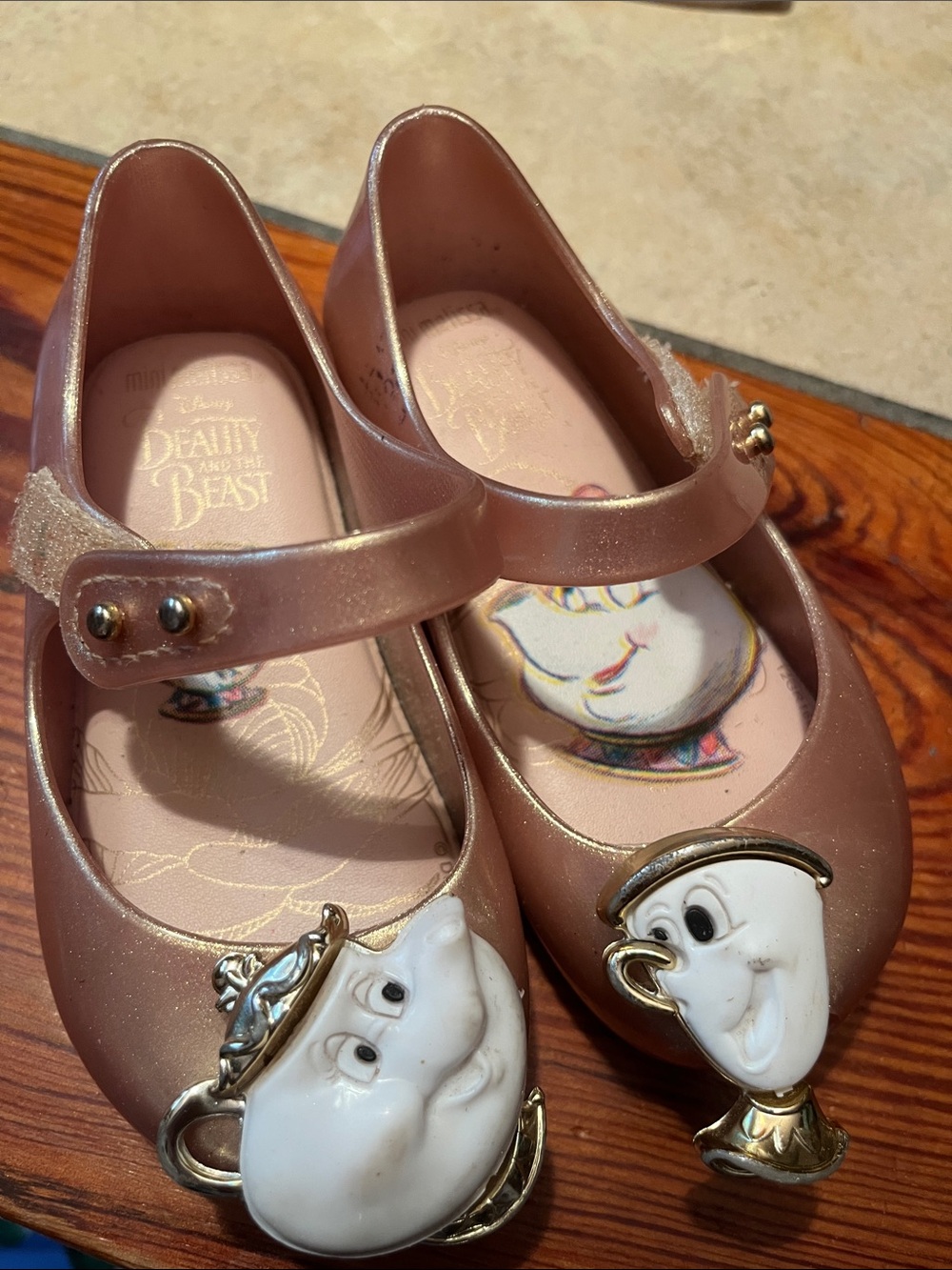 Disney Girls' Rose Gold Mary Jane Dress Shoes with Chip & Mrs. Potts Accents